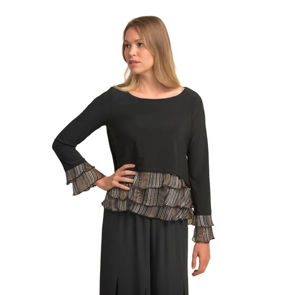 Joseph Ribkoff NWT Ruffled Hem Top Black Tan Subtle Gold Size 10 - Picture 1 of 10
